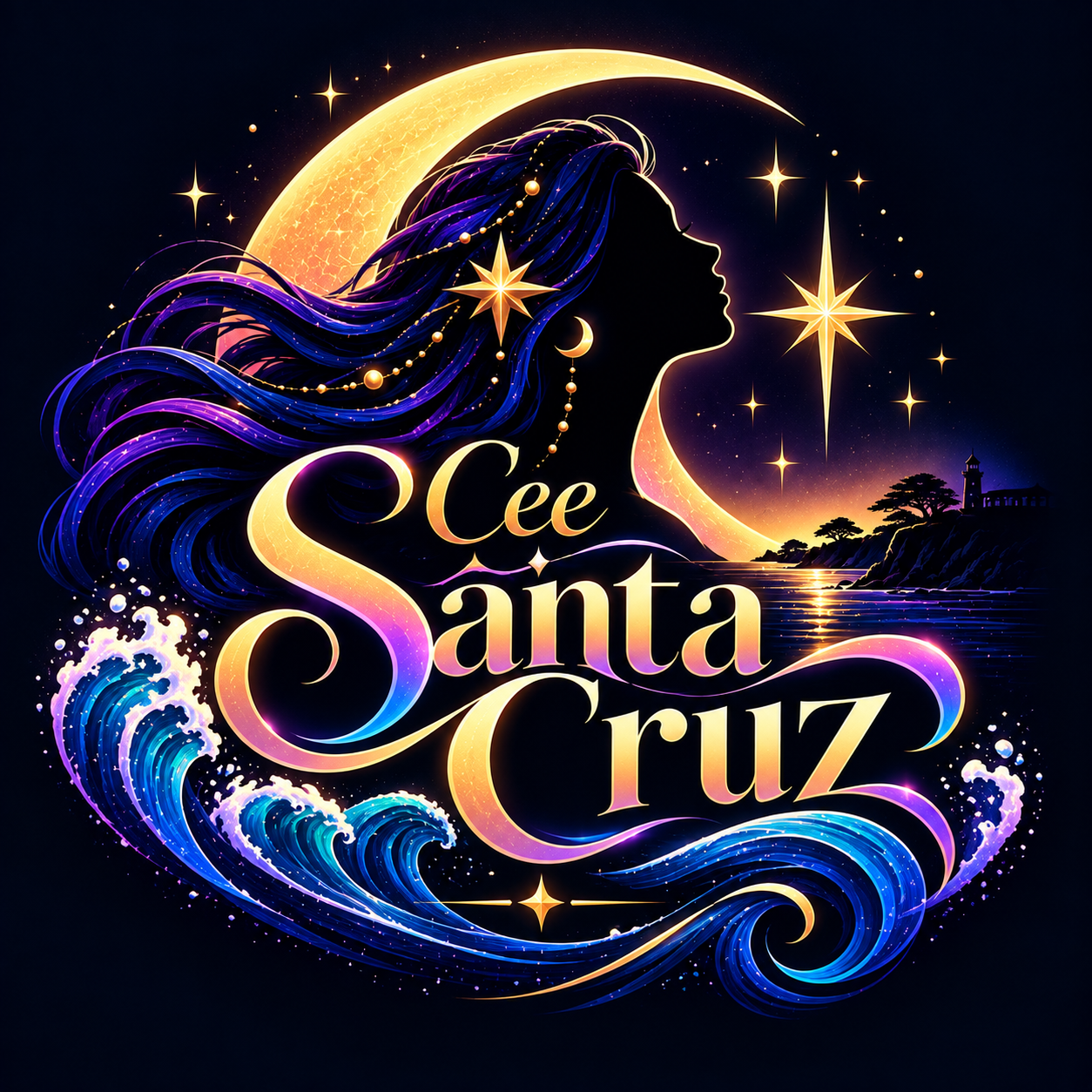 Cee Santa Cruz moon goddess artwork with waves and lighthouse